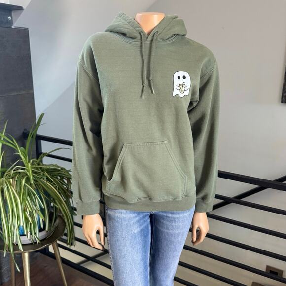 Gildan Tops - Spooky Season Boba Ghost Hoodie Olive Green Small Cute Coquette Fall Halloween